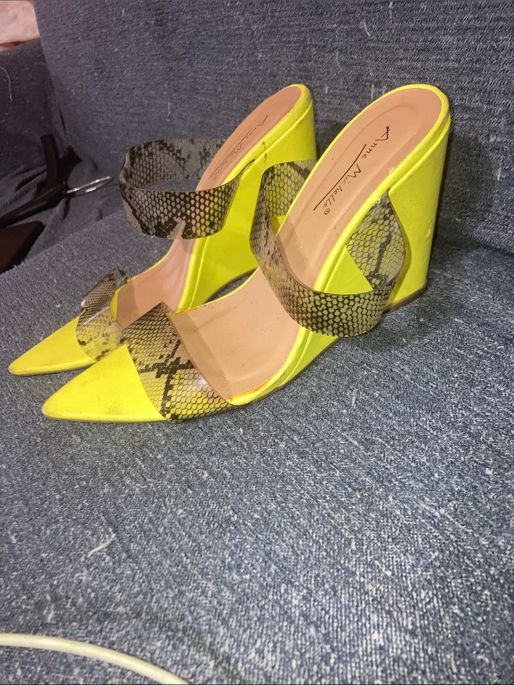 Anne Michelle Neon Yellow Pointed Mule Heels with Snake-Print Straps